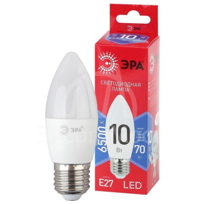 Лампа светодиодная ECO LED B35-10W-865-E27 R (диод свеча 10Вт холодн. E27) (10/100/3500) ЭРА Б0045338
