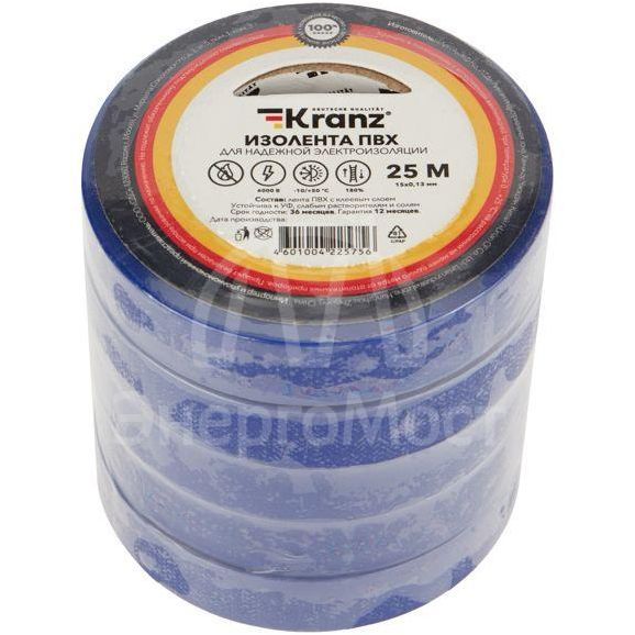 Изолента ПВХ 0.13х15мм 25м синяя (уп.5шт) Kranz KR-09-2105
