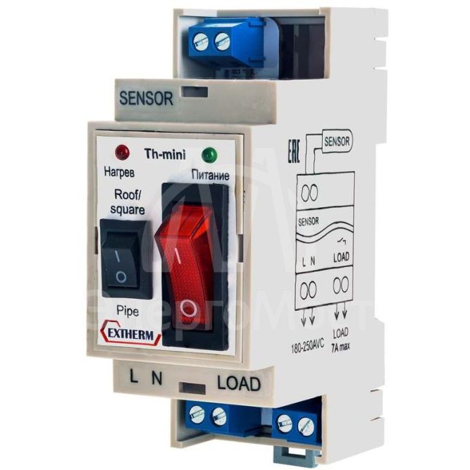 Термостат комбинированный 2 в 1 в комплекте с датчиком температуры для управления системой антиобледенения кровли или обогрева трубопроводов EXTHERM Th-Mini