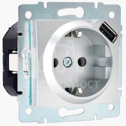 Механизм розетки 1-м СП KARINA 16А с з/к + USB разъем серебро мат. LEZARD 707-4388-181
