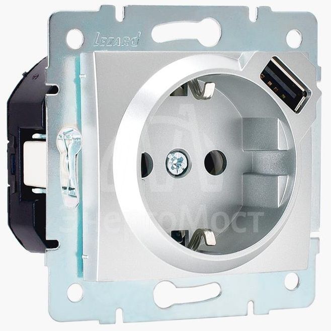 Механизм розетки 1-м СП KARINA 16А с з/к + USB разъем серебро мат. LEZARD 707-4388-181