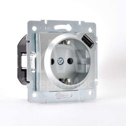 Механизм розетки 1-м СП KARINA 16А с з/к + USB разъем серебро мат. LEZARD 707-4388-181