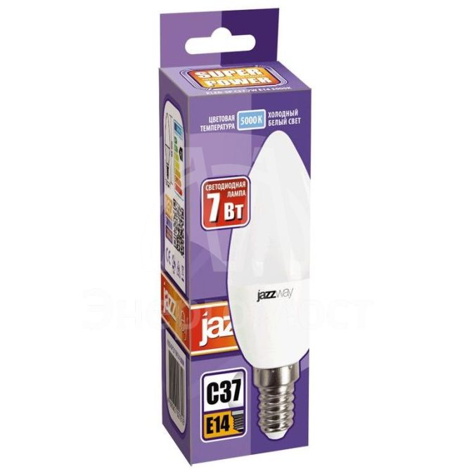 Лампа светодиодная PLED-SP C37 7Вт свеча 5000К холод. бел. E14 560лм 230В JazzWay 1027832-2