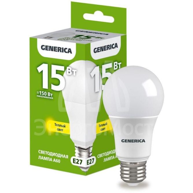 Лампа светодиодная A60 15Вт грушевидная 3000К E27 230В GENERICA LL-A60-15-230-30-E27-G
