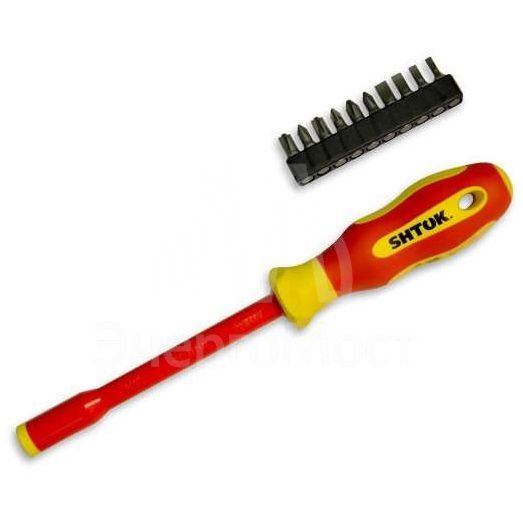 Отвертка-битодержатель диэлектрическая с набором бит 10+1 SHTOK 09340