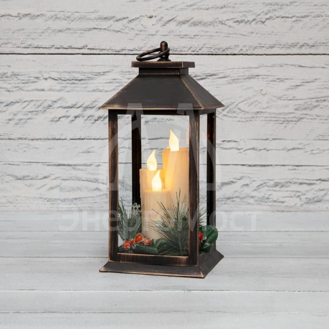 Фонарь декоративный со свечкой и шишкой бронзов. корпус 14x14x27см тепл. бел. Neon-Night 513-048