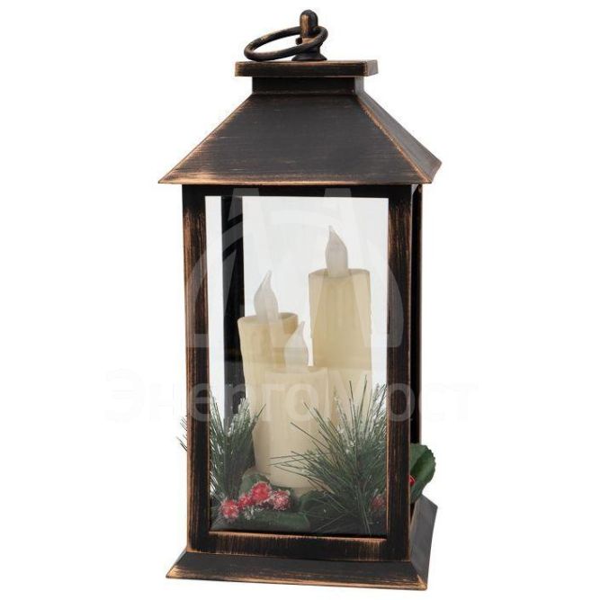 Фонарь декоративный со свечкой и шишкой бронзов. корпус 14x14x27см тепл. бел. Neon-Night 513-048