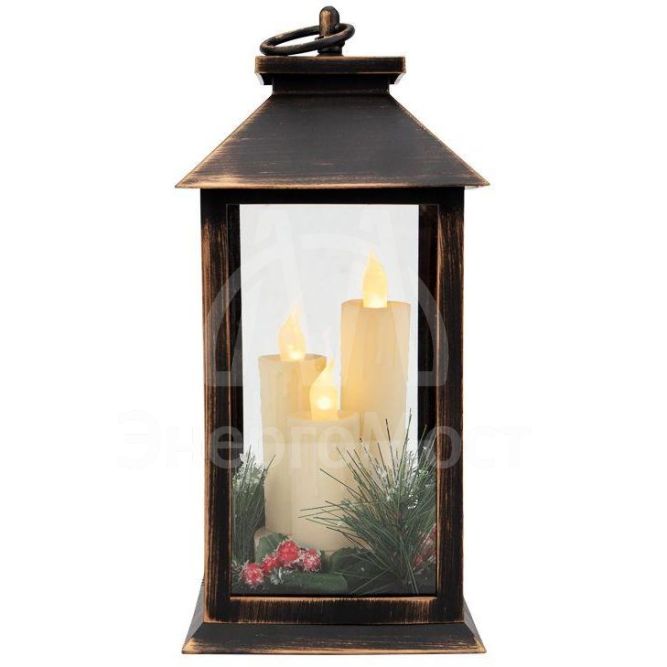 Фонарь декоративный со свечкой и шишкой бронзов. корпус 14x14x27см тепл. бел. Neon-Night 513-048