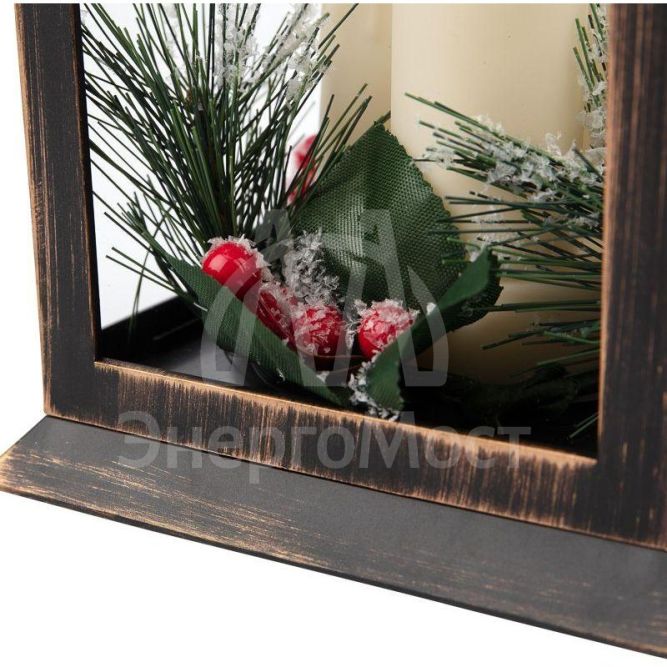 Фонарь декоративный со свечкой и шишкой бронзов. корпус 14x14x27см тепл. бел. Neon-Night 513-048