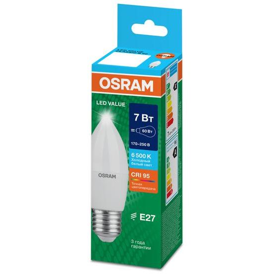 Лампа светодиодная LED G4 Value LVCLB60 7W/965 CRI95 7Вт 6500К 700лм свеча матов. E27 170-250В OSRAM 4058075579507