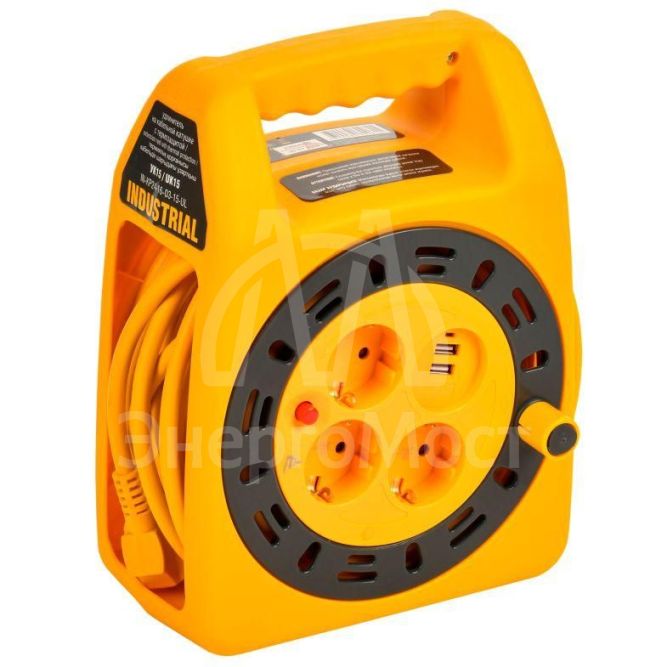 Удлинитель на катушке 3х15м с заземл. Industrial УК15 2P+PE 3х1.5кв.мм USBх2 LED термозащита IEK IN-KP24-16-03-15-UL