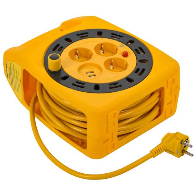 Удлинитель на катушке 3х15м с заземл. Industrial УК15 2P+PE 3х1.5кв.мм USBх2 LED термозащита IEK IN-KP24-16-03-15-UL