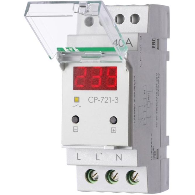 Реле напряжения CP-721-3 40А контроль напряжения: нижн. порог 140-210В верхн. порог 240-300В цифров. индикация напряжения 2мод. монтаж на DIN-рейку возможность пломбировки панели управления F&amp;F EA04.009.021