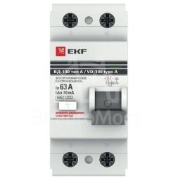 Выключатель дифференциального тока (УЗО) 2п 63А 30мА тип A ВД-100 (электромех.) PROxima EKF elcb-2-63-30-em-a-pro