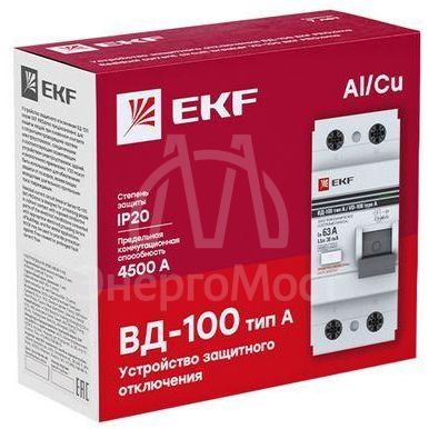 Выключатель дифференциального тока (УЗО) 2п 63А 30мА тип A ВД-100 (электромех.) PROxima EKF elcb-2-63-30-em-a-pro