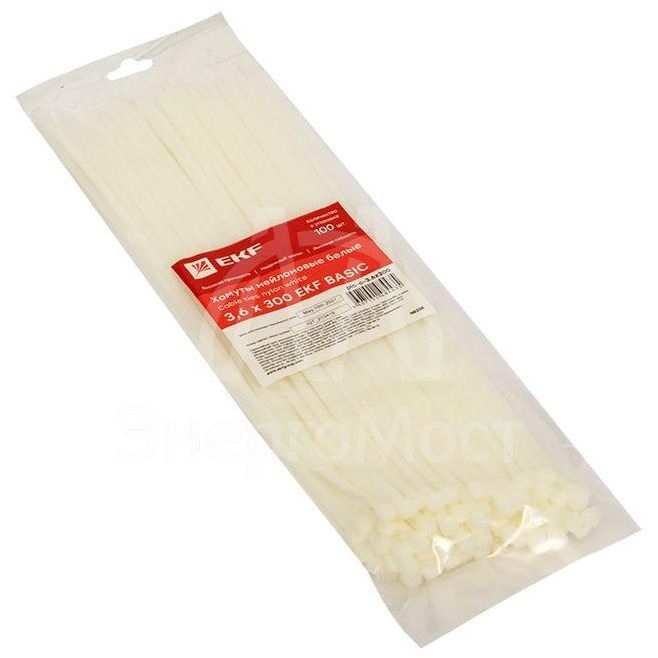 Хомут кабельный 3.6х300 нейл. бел. (уп.100шт) EKF plc-c-3.6x300