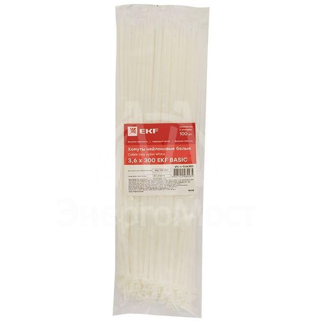 Хомут кабельный 3.6х300 нейл. бел. (уп.100шт) EKF plc-c-3.6x300