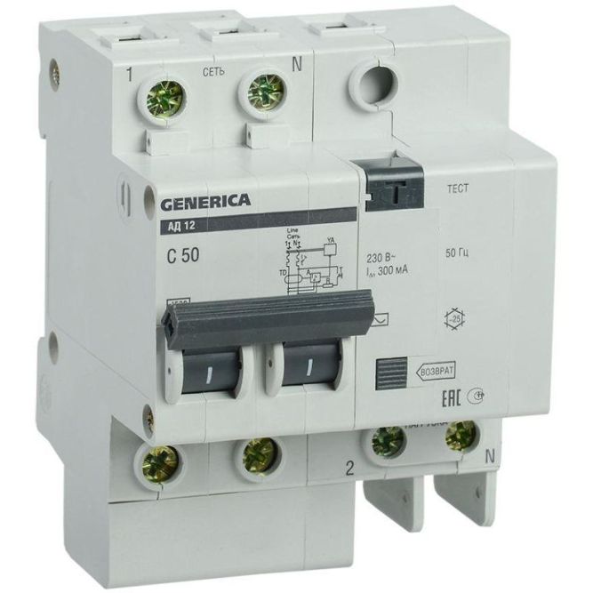 Выключатель автоматический дифференциального тока 2п 50А 300мА АД12 GENERICA IEK MAD15-2-050-C-300