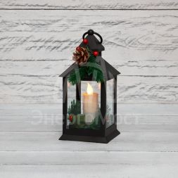 Фонарь декоративный со свечкой и шишкой черн. корпус 10.7x10.7x23.5см тепл. бел. Neon-Night 513-047