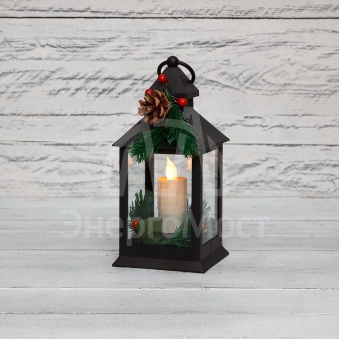 Фонарь декоративный со свечкой и шишкой черн. корпус 10.7x10.7x23.5см тепл. бел. Neon-Night 513-047