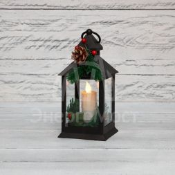 Фонарь декоративный со свечкой и шишкой черн. корпус 10.7x10.7x23.5см тепл. бел. Neon-Night 513-047