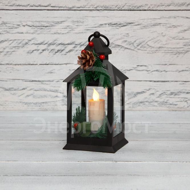 Фонарь декоративный со свечкой и шишкой черн. корпус 10.7x10.7x23.5см тепл. бел. Neon-Night 513-047