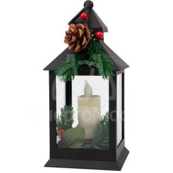 Фонарь декоративный со свечкой и шишкой черн. корпус 10.7x10.7x23.5см тепл. бел. Neon-Night 513-047