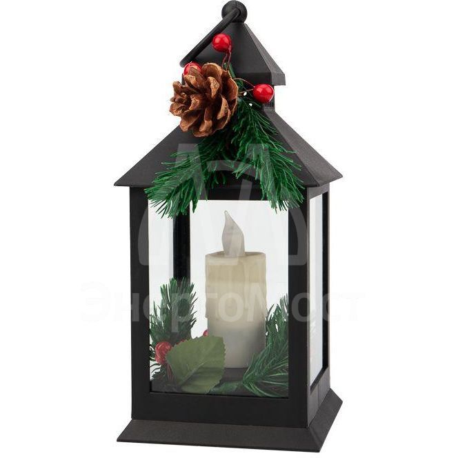 Фонарь декоративный со свечкой и шишкой черн. корпус 10.7x10.7x23.5см тепл. бел. Neon-Night 513-047