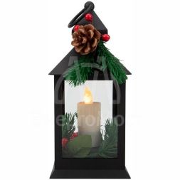 Фонарь декоративный со свечкой и шишкой черн. корпус 10.7x10.7x23.5см тепл. бел. Neon-Night 513-047