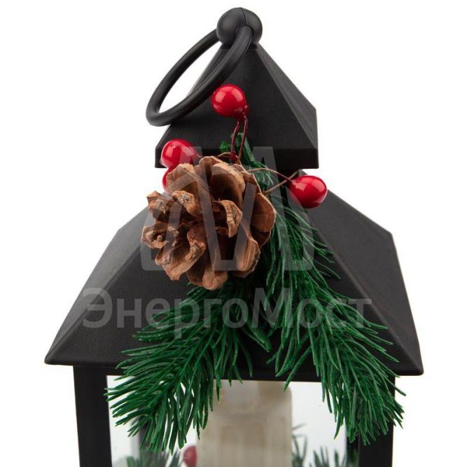 Фонарь декоративный со свечкой и шишкой черн. корпус 10.7x10.7x23.5см тепл. бел. Neon-Night 513-047