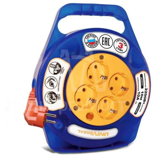 Удлинитель 4х10м с заземл. 6А IP20 У10-015 термо ПВС 3х0.75 в закрытом корпусе защ. шторки UNIVersal 1671