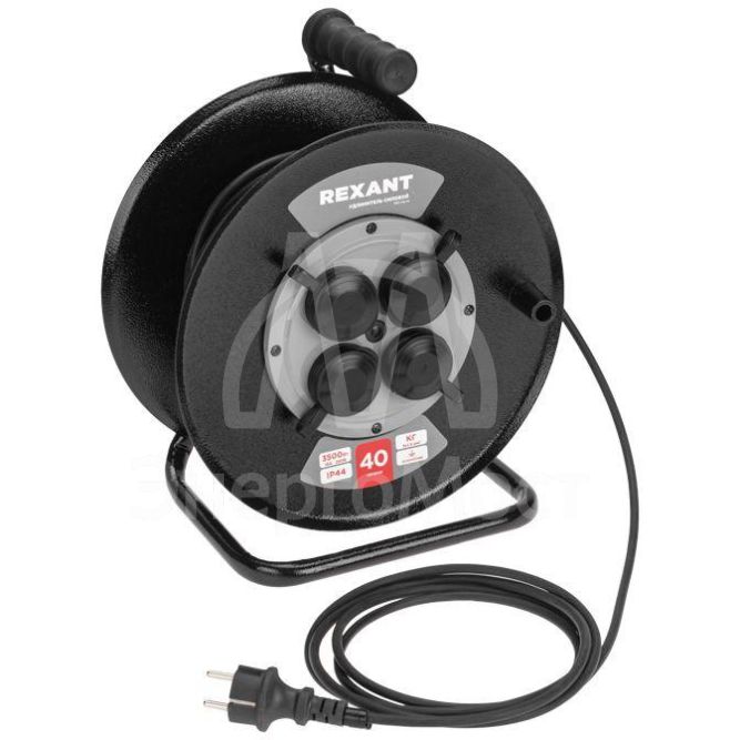 Удлинитель силовой КГ на катушке 4 гнезда с/з 40м 3х1.5кв.мм IP44 c защитными крышками метал. катушка Rexant 13-5012