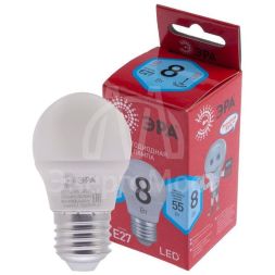 Лампа светодиодная P45-8W-840-E27 R (диод шар 8Вт нейтр. E27) (10/100/3600) Эра Б0049645