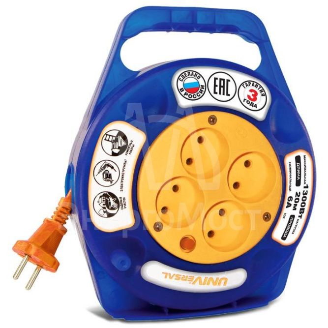 Удлинитель 4х20м без заземл. 6А IP20 У6-015 термо ПВС 2х0.75 в закрытом корпусе защ. шторки UNIVersal 9633902