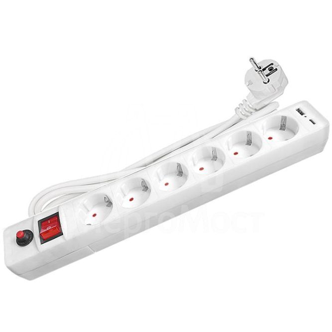 Удлинитель с сетевым фильтром 6х1.8м с заземл. 10А IP20 2.2кВт USB type-A + type-C ПВС 3х0.75 с выкл. бел. UNIVersal 2543