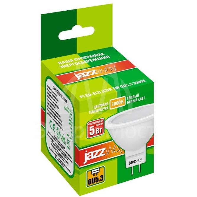 Лампа светодиодная PLED-ECO-JCDR 5Вт 3000К тепл. бел. GU5.3 400лм 220-240В JazzWay 1037077A