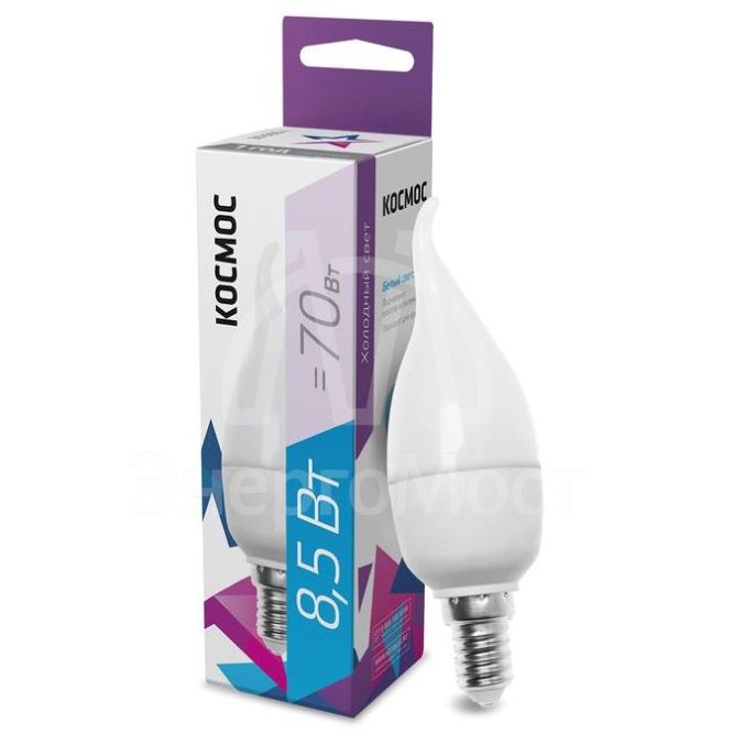 Лампа светодиодная CW 8.5Вт свеча на ветру 6500К холод.бел. E14 220В КОСМОС LkecLED8.5wCWE1465