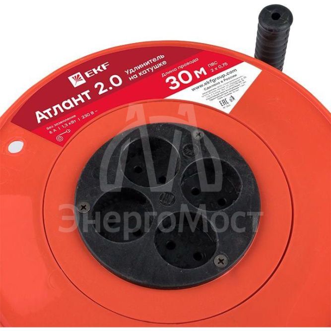 Удлинитель на катушке 4х30м без заземл. 6А IP20 Атлант 2.0 1.3кВт ПВС 2х0.75 PROxima EKF UKA02-06-275-4-30