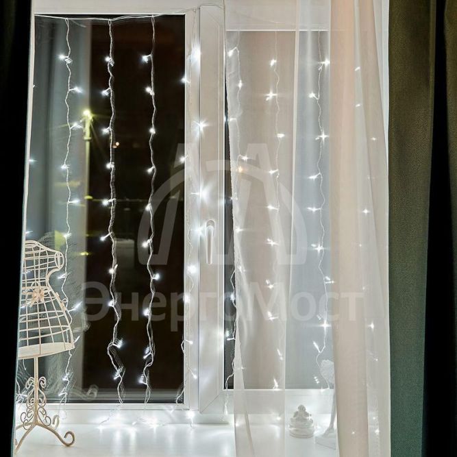 Гирлянда &amp;quot;Светодиодный дождь&amp;quot; с контроллером 1.5х1.5м 144LED бел. прозр. провод 12Вт 230В IP20 NEON-NIGHT 235-035