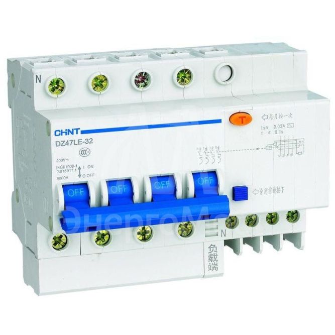 Выключатель автоматический дифференциального тока 4п C 16А 30мА тип AC 6кА DZ47LE-32 CHINT 199641