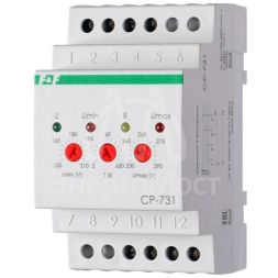 Реле напряжения CP-731 (трехфазный; микропроцессорный; контроль верхнего и нижнего значений напряжения; контроль асимметрии; чередования фаз; монтаж на DIN-рейке 35мм 3х400/230+N 2х8А 1Z 1R IP20) F&amp;amp;F EA04.009.005
