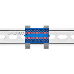 Блок распределительный с горизонт. адаптером на рейку шир. 35мм зажим push-in 18 точек подключения 2.5кв.мм син. DKC DTP1-018-04SPUB-H