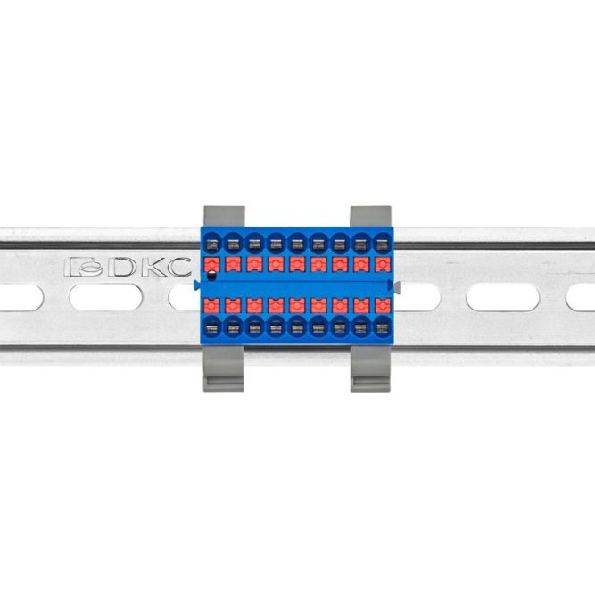 Блок распределительный с горизонт. адаптером на рейку шир. 35мм зажим push-in 18 точек подключения 2.5кв.мм син. DKC DTP1-018-04SPUB-H