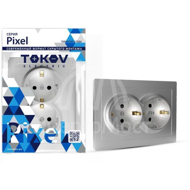 Розетка 2-м СП Pixel 16А IP20 с заземл. защ. шторки в сборе алюм. TOKOV ELECTRIC TKE-PX-R2FZSF-C03