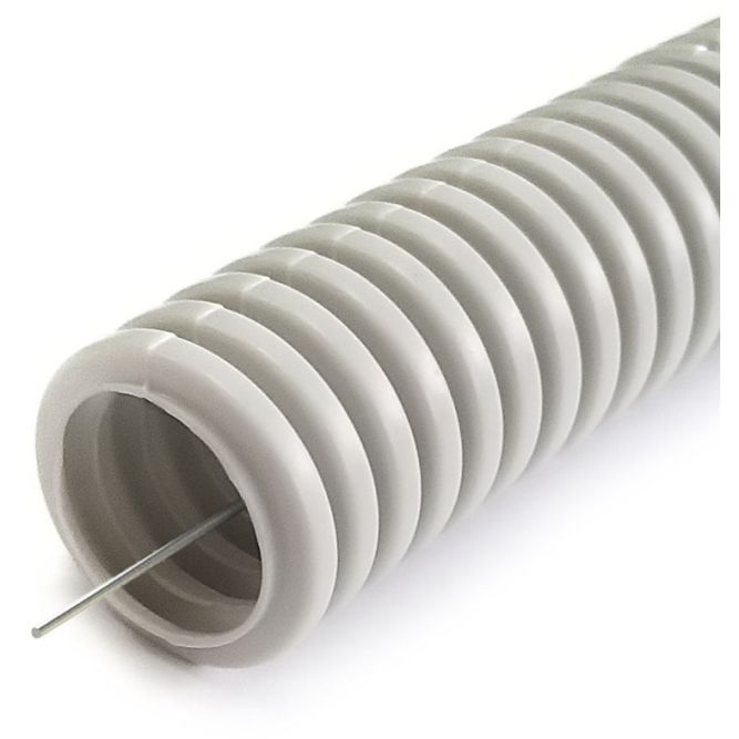 Труба гофрированная ПНД легкая d20мм с протяжкой 350 Н безгалоген. (HF) стойкая к УФ сер. (уп.100м) Промрукав PR02.0130