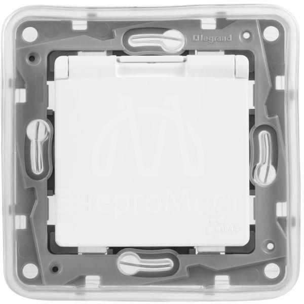 Механизм розетки 1-м СП Etika 2К+З 16А IP44 защ. шторки с заземл. с защ. крышкой безвинт. зажимы бел. Leg 672232