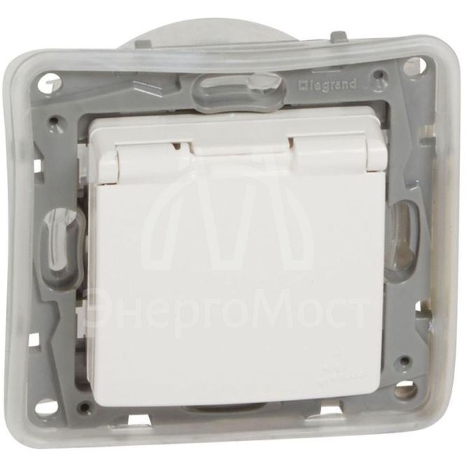 Механизм розетки 1-м СП Etika 2К+З 16А IP44 защ. шторки с заземл. с защ. крышкой безвинт. зажимы бел. Leg 672232
