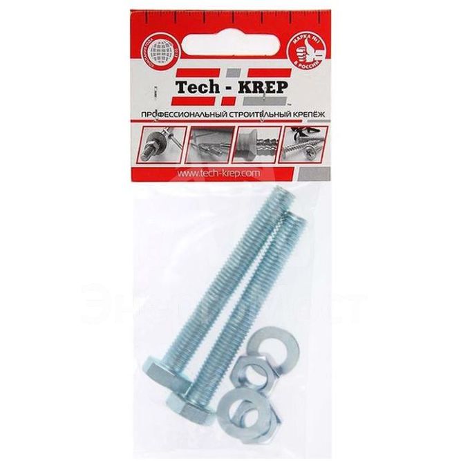 Болт DIN933 с шестигранной головкой М8х100+гайка+шайба оцинк. (уп.2шт) Tech-KREP 112725