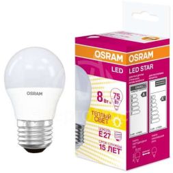 Лампа светодиодная LED STAR CLASSIC P 75 8W/830 8Вт шар 3000К тепл. бел. E27 806лм 220-240В матов. пласт. OSRAM 4058075210868