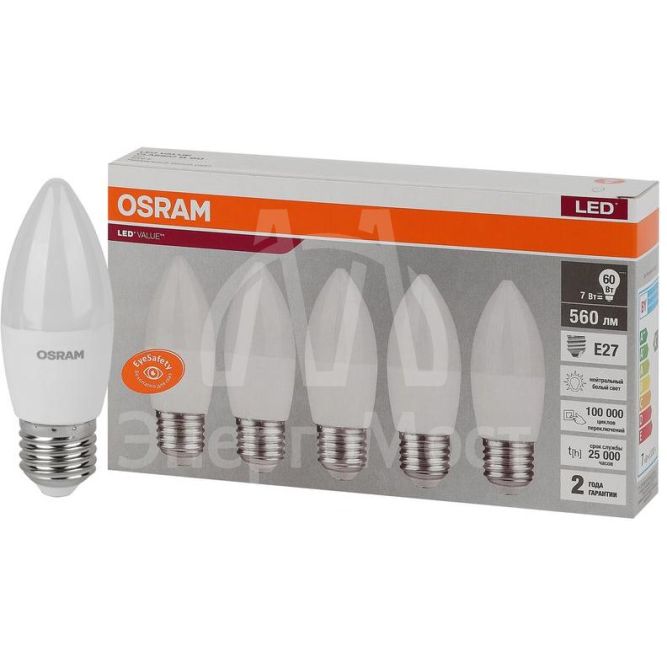 Лампа светодиодная LED Value LVCLB60 7SW/840 230В E27 2х5 RU (уп.5шт) OSRAM 4058075578043